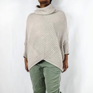 Chelsea & Theodore Ribbed Asymmetrical Cowl Neck Beige Sweater